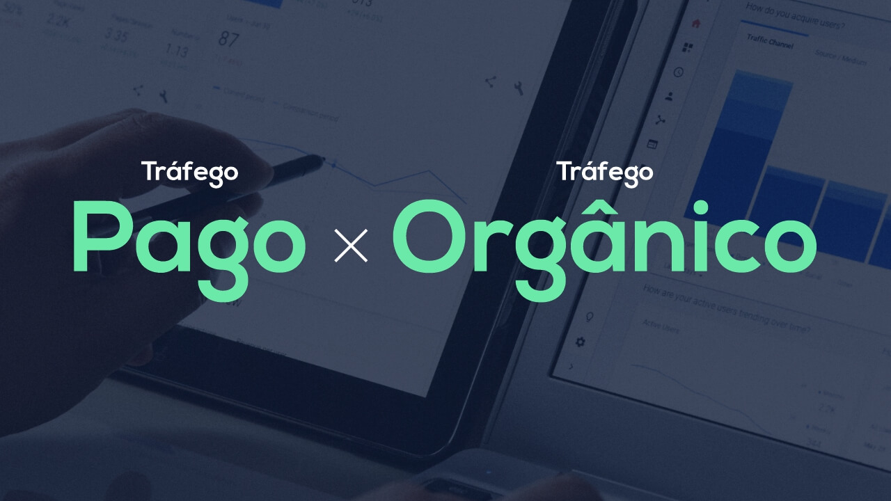 Arte com os textos Tráfego Pago e Tráfego Orgânico sobre gráficos de análise de dados